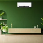 Wood sideboard in green living room interior with copy space, 3D rendering